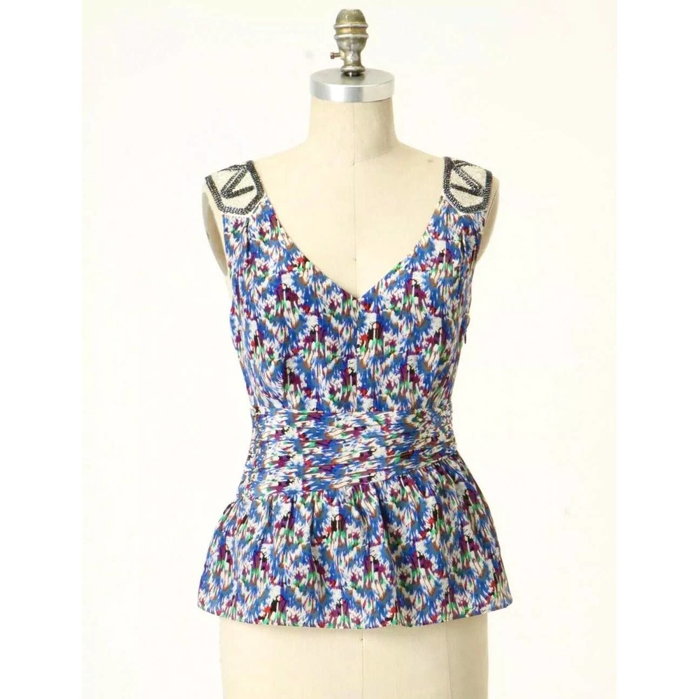 ANTHROPOLOGIE EDME & ESYLLTE sz 4 Vittorio silk peplum beaded tank EUC